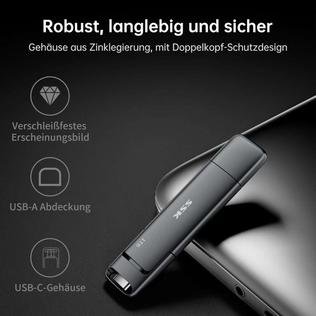 SSK USB C Externe SSD 1TB, robust, langlebig und sicher