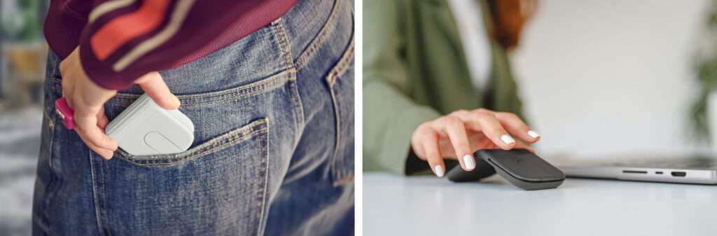 Logitech Mobi Fold, ultramobile Maus, gefaltet in einer Jeanstasche und aufgeklappt neben einem Laptop